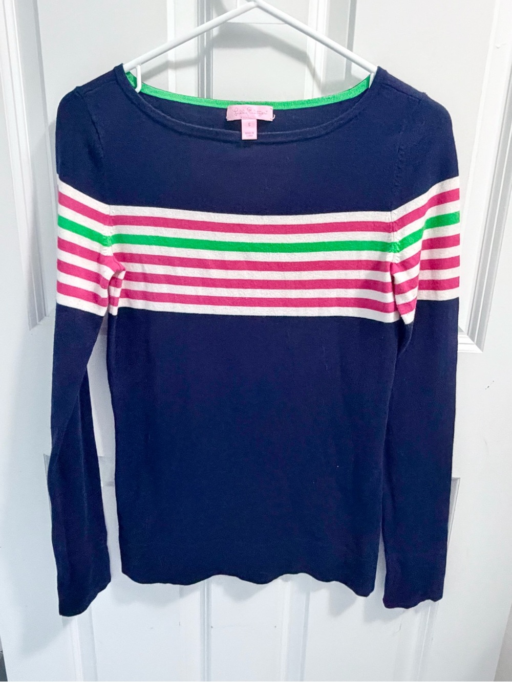 Lilly Pulitzer Navy Long-Sleeve Boatneck Top with Pink & Green Stripes